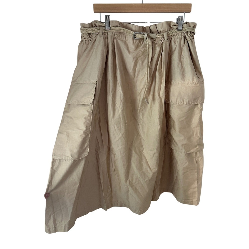 H&M Tan Beige Cotton Cargo Midi Skirt Paperbag Waist XL 08611211 NWT